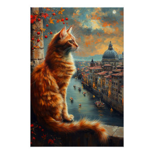 Zwielicht in Venedig   Rote Katze an einem Kanal Poster