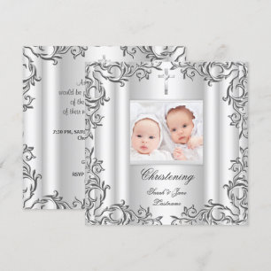 Zwilling Mädchen Junge Taufe Christening Weiß Einladung
