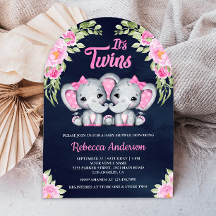 Zwilling Mädchen Rosa Blumen Elefant Navy Babypart Einladung
