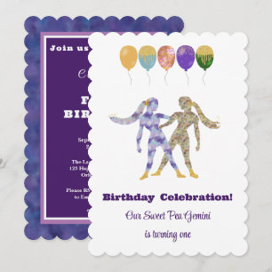 Zwillinge 1. Geburtstag Impressionist Gold Glitter Einladung