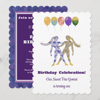 Zwillinge 1. Geburtstag Impressionist Gold Glitter Einladung