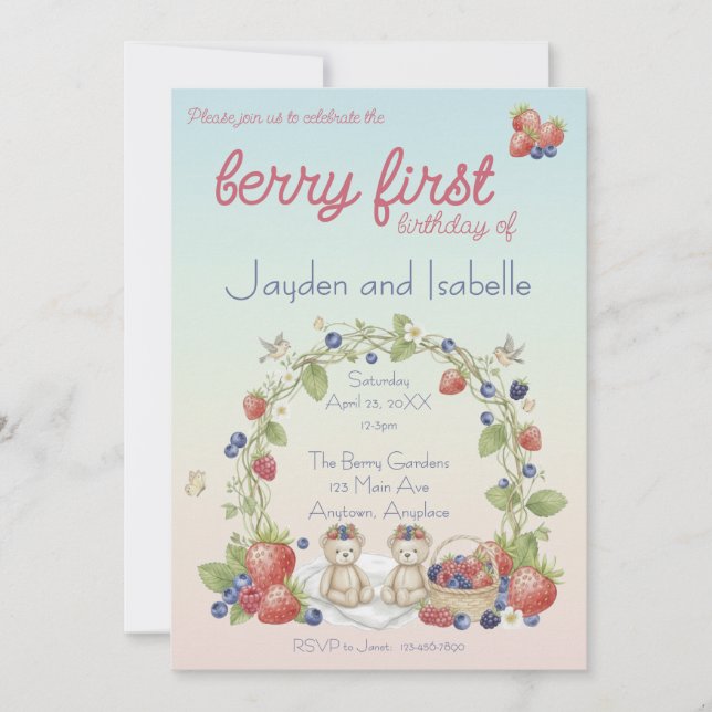 Zwillinge Berry Erster Geburtstag Einladung (Vorderseite)