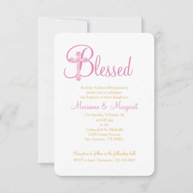 Zwillinge CHRISTENING oder BAPTISM rosa Goldkreuz Einladung (Vorderseite)