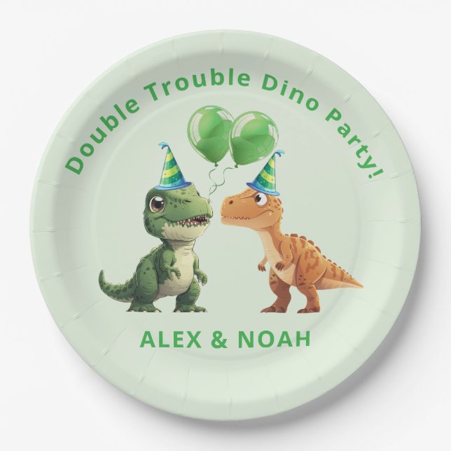 Zwillinge Dinosaurier Geburtstag Papier Teller Dop (Vorderseite)