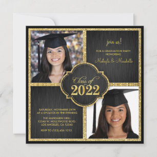 Zwillinge! Elegante Black & Gold Glitzer Class 202 Einladung