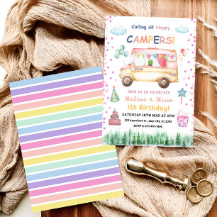Zwillinge Mädchen & Junge Happy Camper Geburtstags Einladung