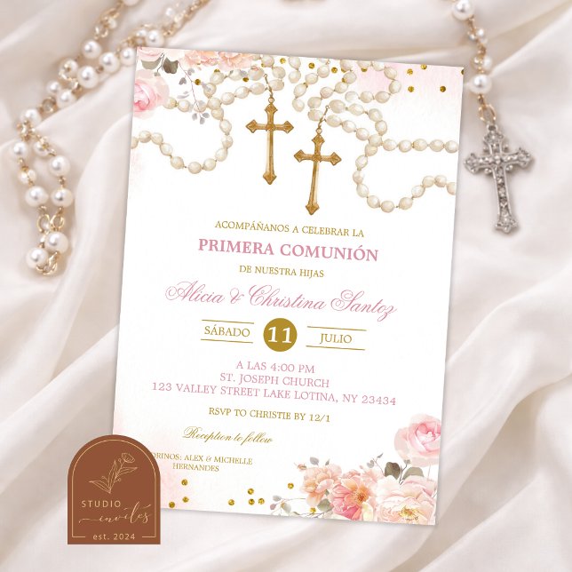 Zwillinge Mädchen Pinke Blütenblumen Rosenkranz Er Einladung (Von Creator hochgeladen)