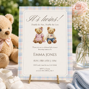 Zwillinge Pastell-Kariert Teddybär Baby Shower Einladung