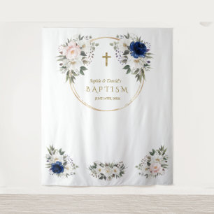 Zwillinge Rosa Blau Floral Taufe Gold Foto-Requisi Wandteppich