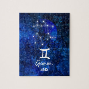 Zwillinge Zodiac Sternbild Blau Galaxie Monogramm Puzzle