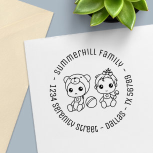 Zwillings-Babymädchen-Bären-Familien-Rundadresse Permastempel