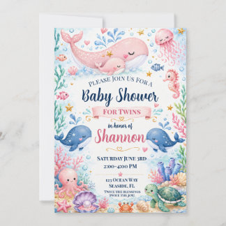 Zwillings-Babyparty-Einladung | Wal unter dem Meer Einladung
