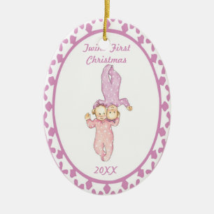 Zwillings-erste Weihnachtsmädchen-Oval-Verzierung Keramikornament