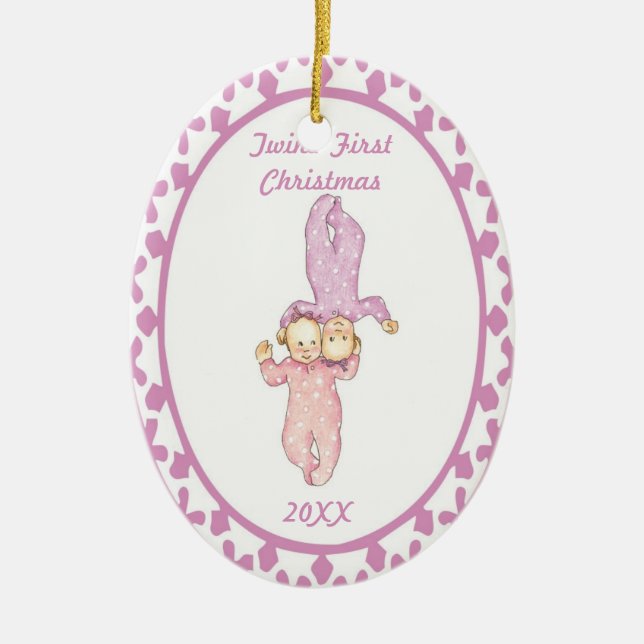 Zwillings-erste Weihnachtsmädchen-Oval-Verzierung Keramikornament (Vorne)