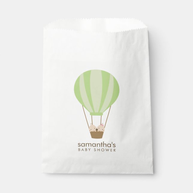 Zwillingsbabys in der grünen Ballon Babydusche Geschenktütchen (Vorderseite)