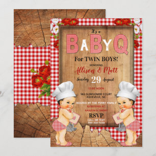 Zwillingsbabys in rotem Gingham Holz Baby Q Barbec Einladung