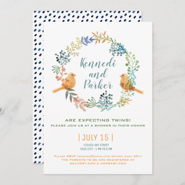 Zwillingsbirnen und Blume Babydusche Einladung (Vorne/Hinten)