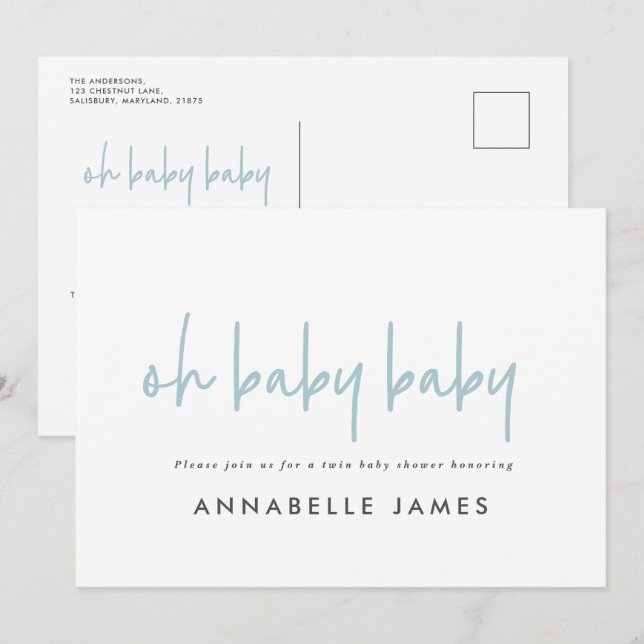 Zwillingsblauer moderner Typografie Einladung (Vorne/Hinten)