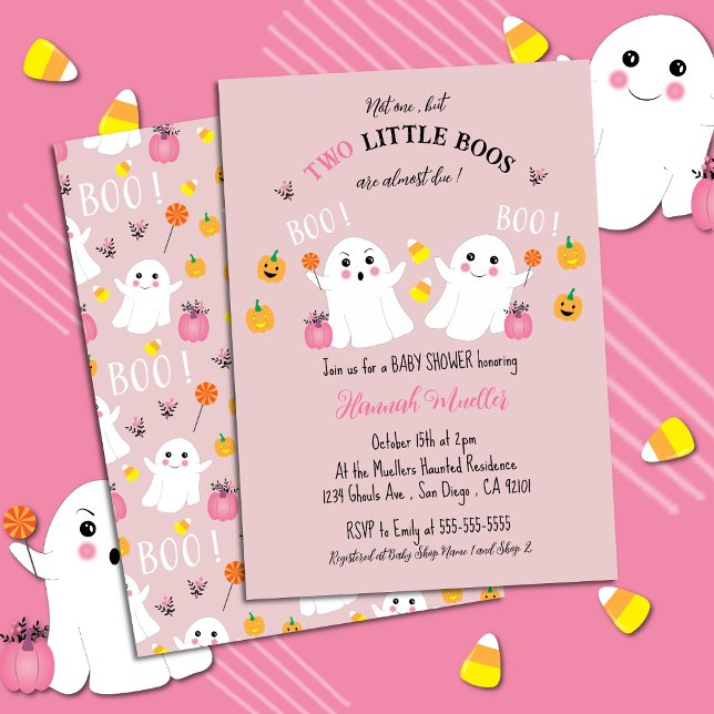 Zwillingsgeister Halloween Kinderdusche Rosa Einla Einladung (Adorable Twin Girls Baby Shower Invitation with a Halloween Theme .)