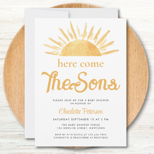 Zwillingsjungen-Babyparty "Here Come The Sons" Einladung