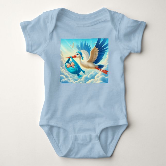 Zwillingsjungen mit Stork Baby Dusche Strampler (Vorderseite)
