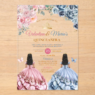 Zwillingskleid Quinceañera 15 Jahre Blumen Gold Acryleinladungen
