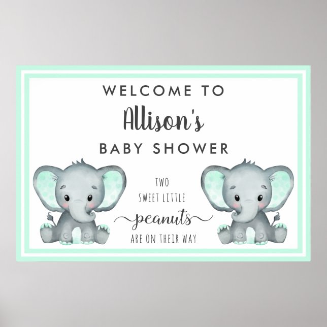 Zwillingslephants Mint Baby Dusche Willkommen Poster (Vorne)
