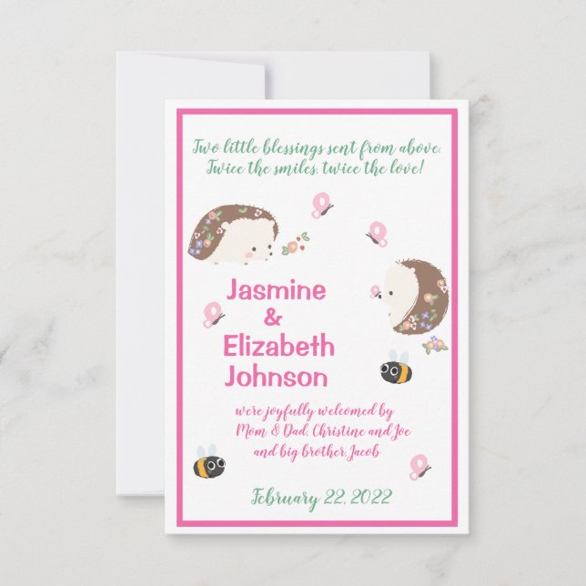 Zwillingsmädchen Geburtserklärung  Einladung (Vorderseite)