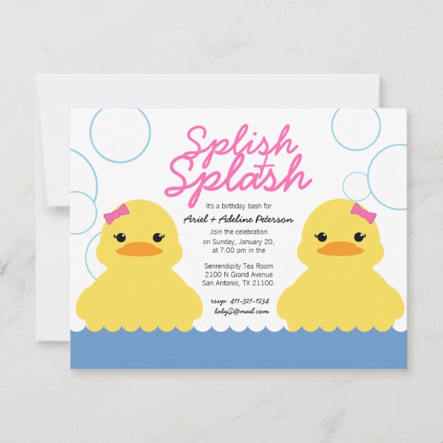 Zwillingsmädchen JEDES ALTER Gummi DUCKY BIRTHDAY  Einladung (Vorderseite)