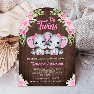 Zwillingsmädchen Rosa Blumenelefant Holz-Baby-Part Einladung