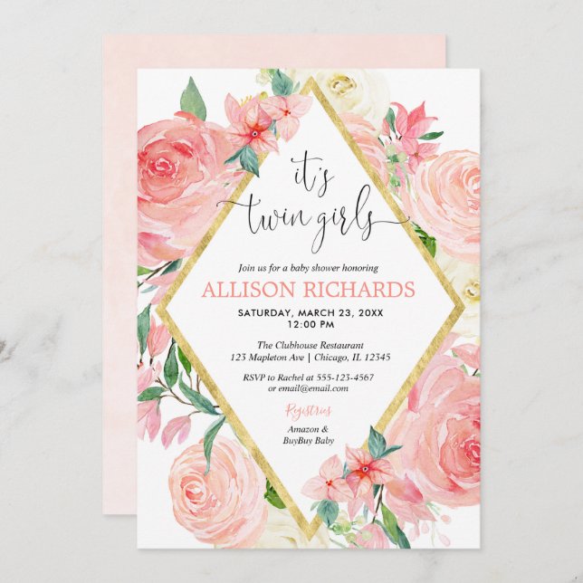 Zwillingsmädchen Rosa goldfarbene Aquarelldusche Einladung (Vorne/Hinten)
