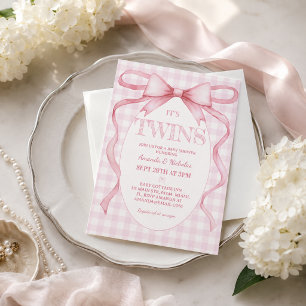 Zwillingsmädchen Rosa Schleifenband Vintage Süß Einladung