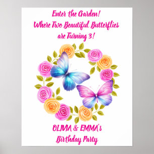 Zwillingsmädchen Schmetterling Geburtstag Poster E