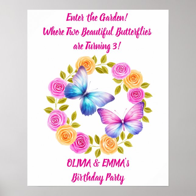 Zwillingsmädchen Schmetterling Geburtstag Poster E (Vorne)