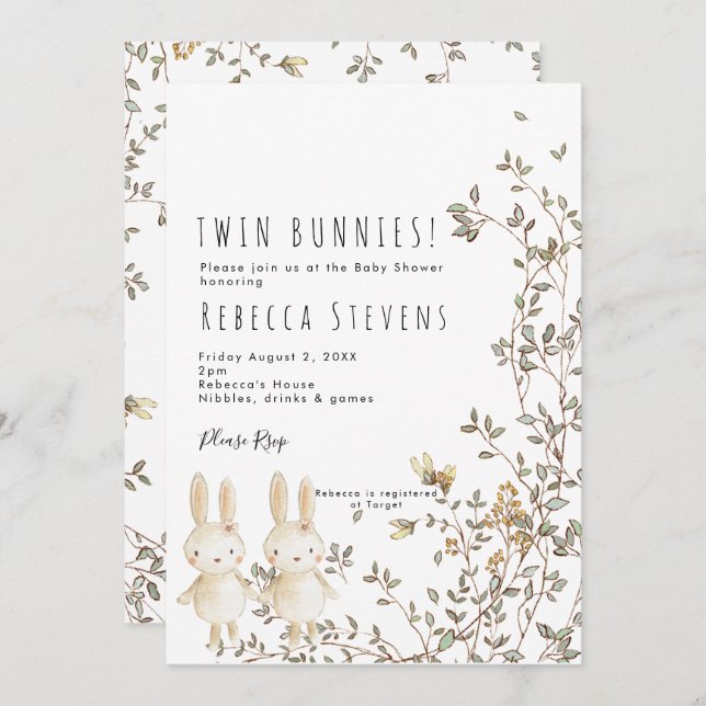 Zwillingsmädchen Wildblume Babydusche Einladung (Vorne/Hinten)