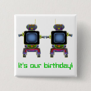 Zwillingsroboter in Neonfarben Button