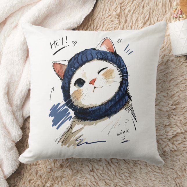 Zwinkerkatze mit gemütlichem Strickschal Kissen (Decke)