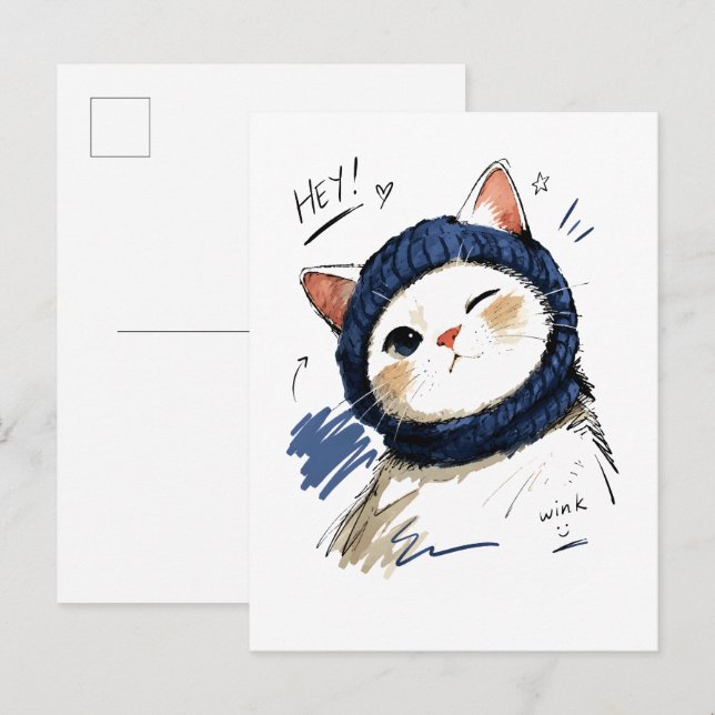 Zwinkerkatze mit gemütlichem Strickschal Postkarte (Vorne/Hinten)