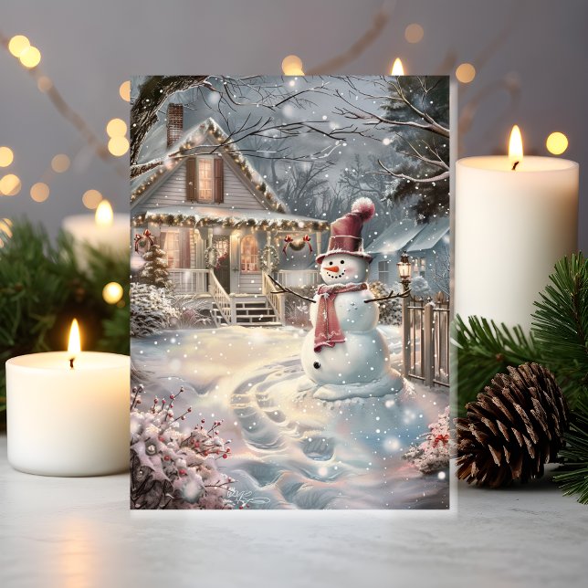 Zwinkerndes gemütliches Weihnachtshäuschen mit Sch Karte (Snowman Smiles & Cozy Vibes in Front of a Holiday-Ready Home)