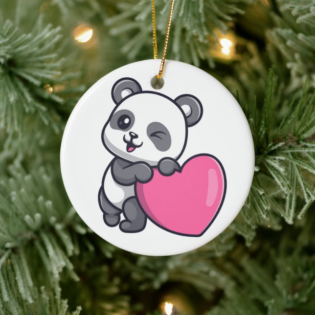 Zwinkerndes Panda Mit Rosa Herz Keramik Ornament (Baum)