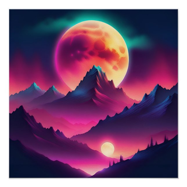 Zwischen den Bergen erhebender Mond Poster (Vorderseite)
