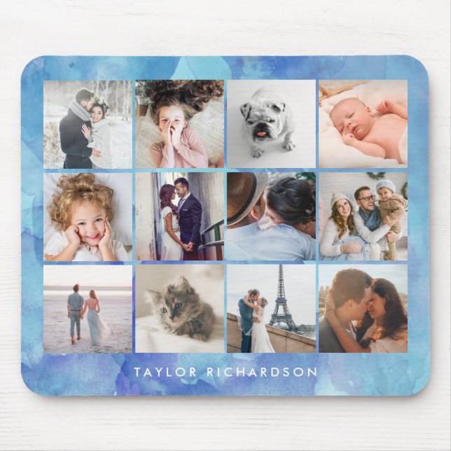 Zwölf FotoCollage | Aquarellblau Mousepad (Vorne)