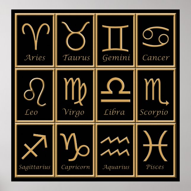 Zwölf goldene Zodiac-Zeichen drucken Poster (Vorne)
