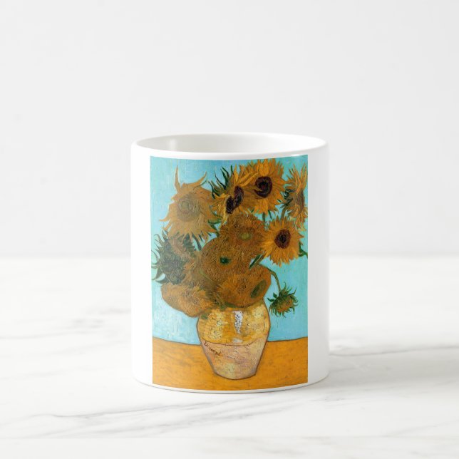 Zwölf Sonnenblumen in einer Vase (Stillleben Maler Kaffeetasse (Mittel)