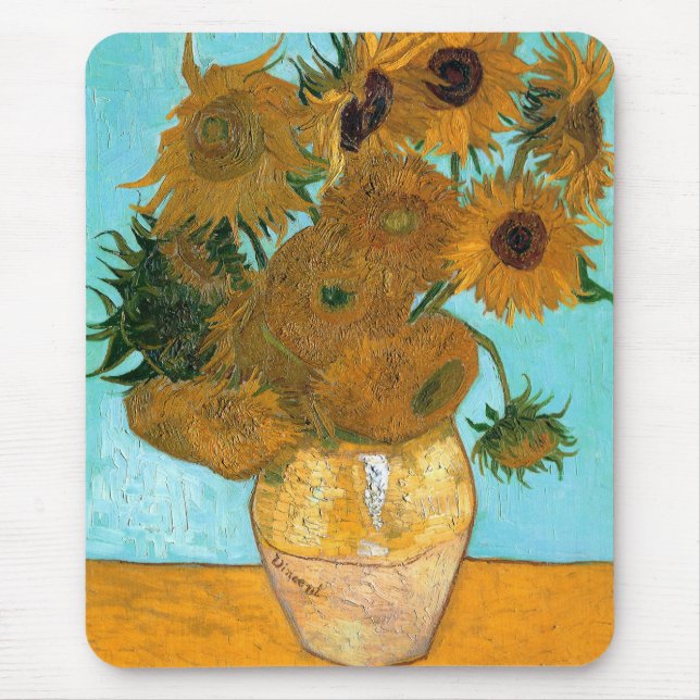 Zwölf Sonnenblumen in einer Vase (Stillleben Maler Mousepad (Vorne)