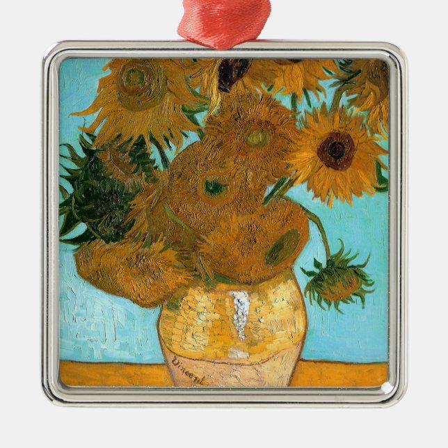 Zwölf Sonnenblumen in einer Vase (Stillleben Maler Ornament Aus Metall (Vorne)