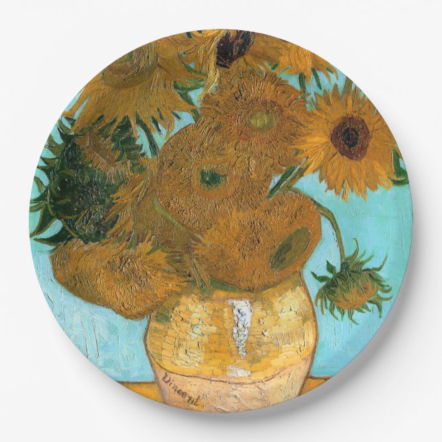 Zwölf Sonnenblumen in einer Vase (Stillleben Maler Pappteller (Vorderseite)