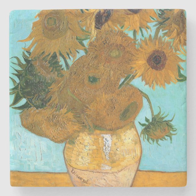 Zwölf Sonnenblumen in einer Vase (Stillleben Maler Steinuntersetzer (Vorderseite)