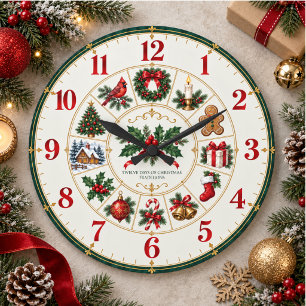 Zwölf Tage Weihnachten Vintage Rot Grün Feiertag Große Wanduhr