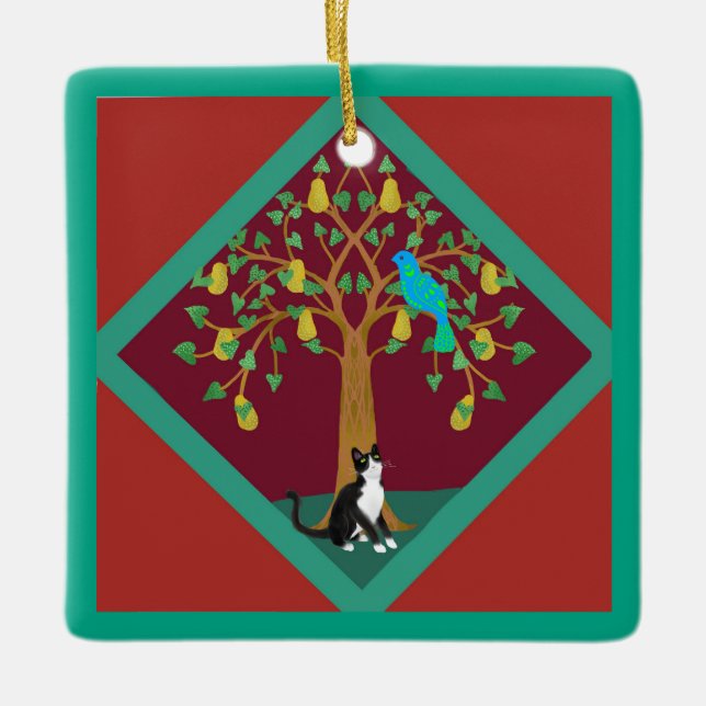 Zwölf Weihnachtstage mit Katze 1. Tag Keramikornament (Vorderseite)